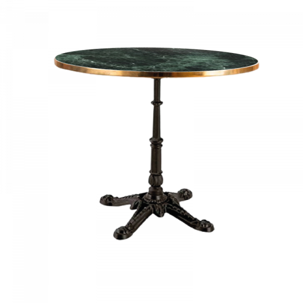 mesa redonda de mármol color verde con aro de latón estilo parís o bistro